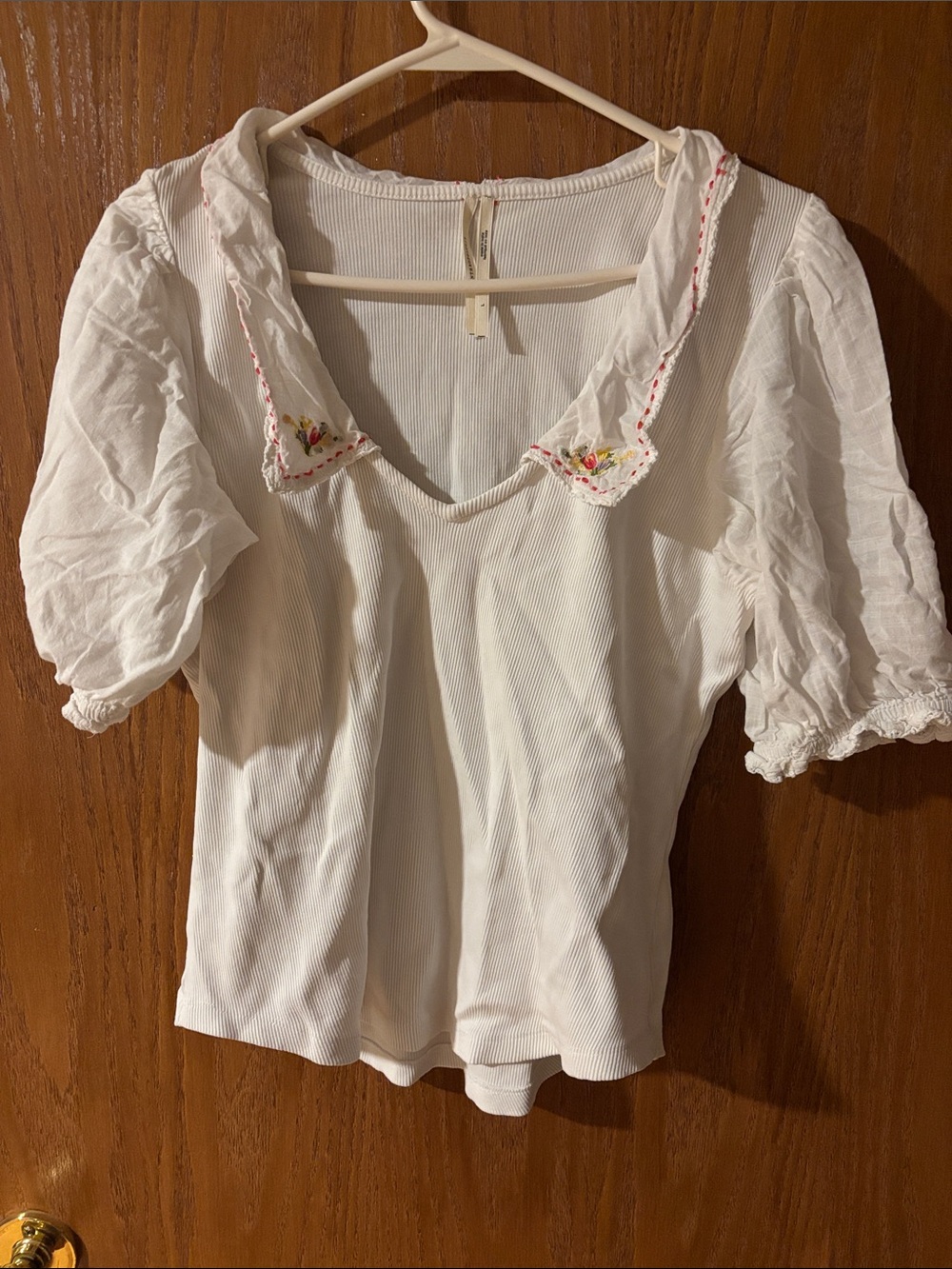 Anthropologie White V-Neck Blouse with Embroidered Peter Pan Collar